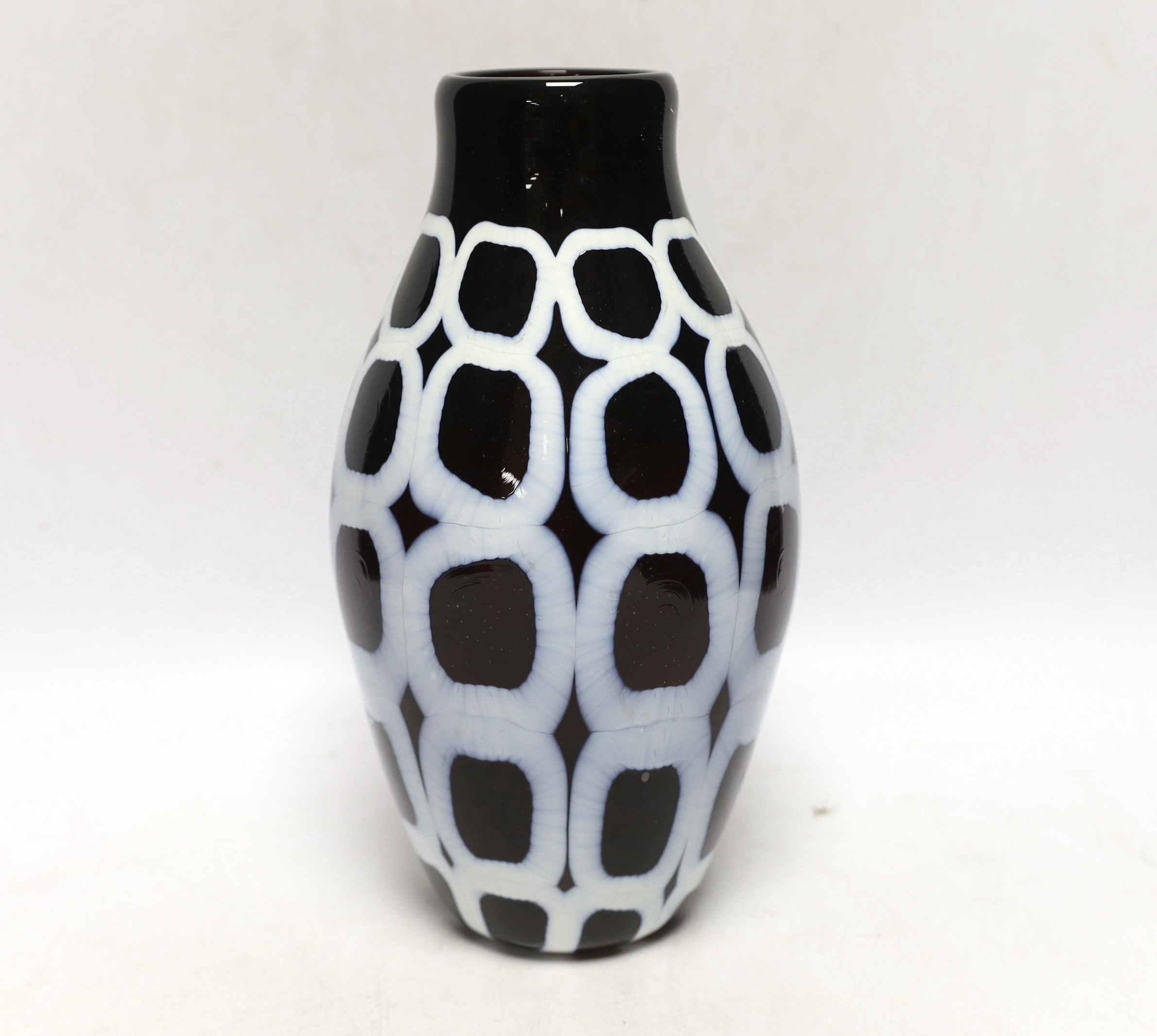 A Murano glass ovoid shaped vase, in black and white, signed Formentella, 16cms, Please note this lot attracts an additional import tax of 20% on the hammer price